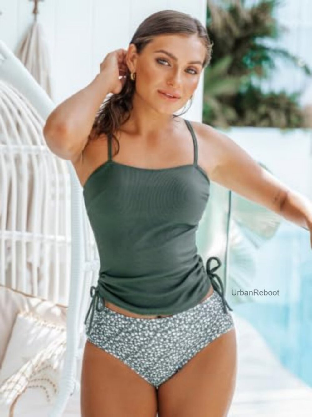 Ribbed Ruched Drawstring Tankini Set High Waisted Removable Cups - Picture 3 of 6